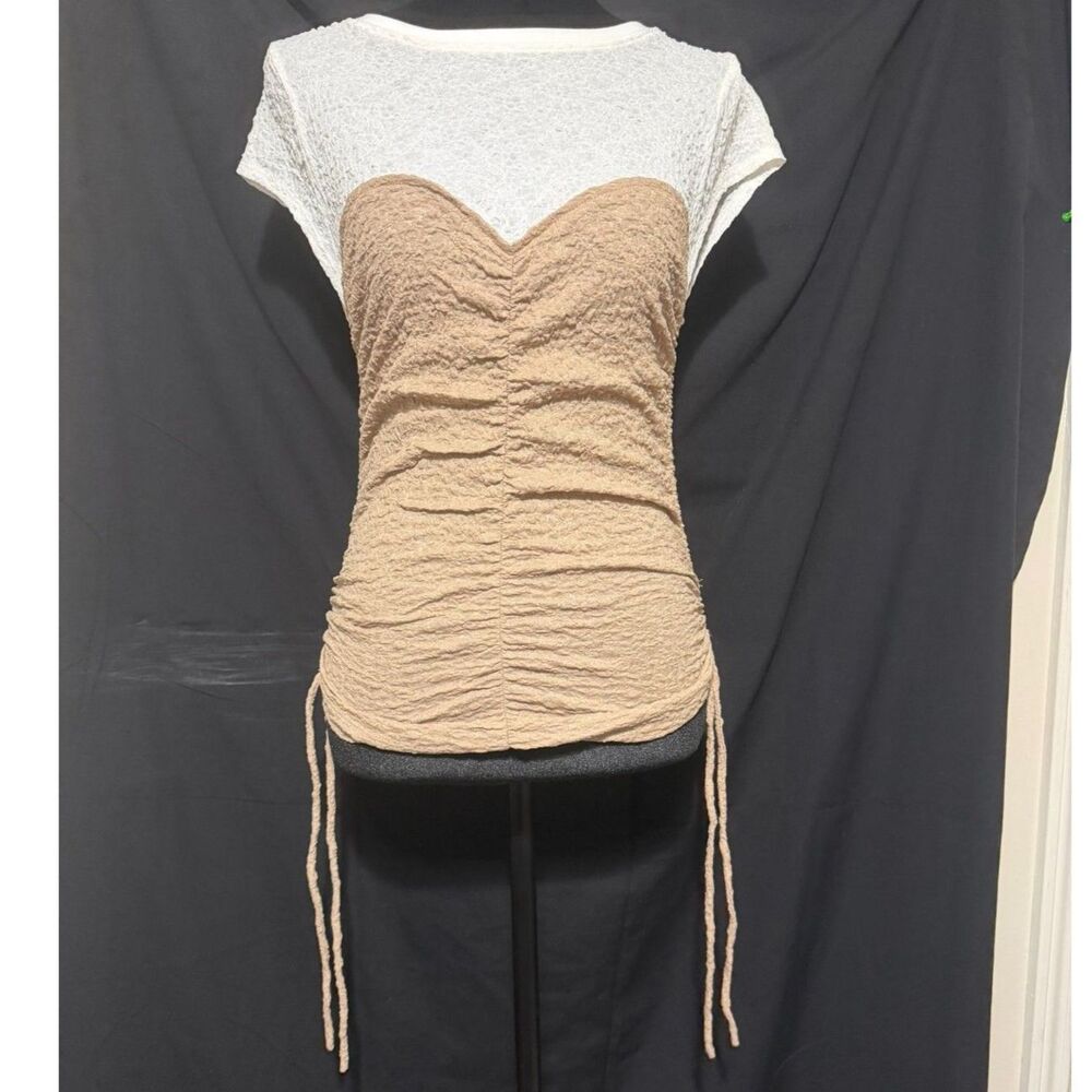 #314 - NWT Anthropologie Maeve Ruched Corset Short-Sleeve - XXS - Latte/White